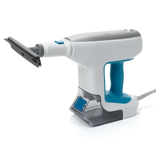 BLACK+DECKER BHSM15FX10 handheld steam cleaner with blue handle, side angle on white background.