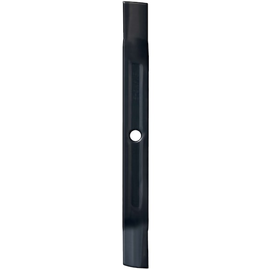 A single black lawn mower blade with a central mounting hole, viewed on a white background.