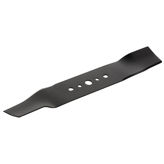 A BLACK+DECKER replacement lawn mower blade, photographed on a white background. The blade is metal with a slightly curved and angled design, featuring multiple mounting holes in the center.