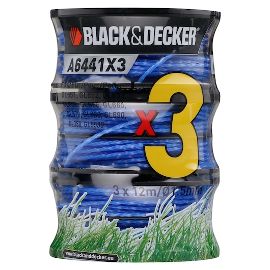 Photo of BLACK+DECKER A6441X3 replacement trimmer line, blue, triple pack, front angle, visible grass graphic.