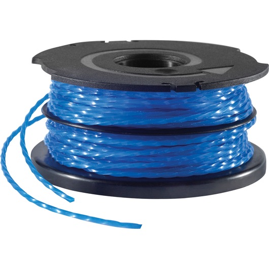 A black plastic spool with blue twisted line, likely a replacement trimmer line for a garden tool.