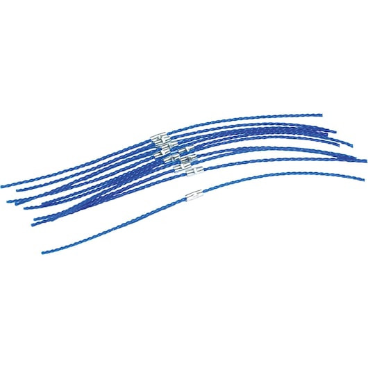 Several blue twisted plastic lines with metal clips, arranged in a row on a white background. These are replacement line strips for a garden strimmer.