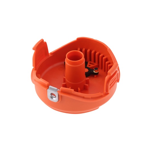 An orange plastic spool cover for a BLACK+DECKER string trimmer, shown on a white background.