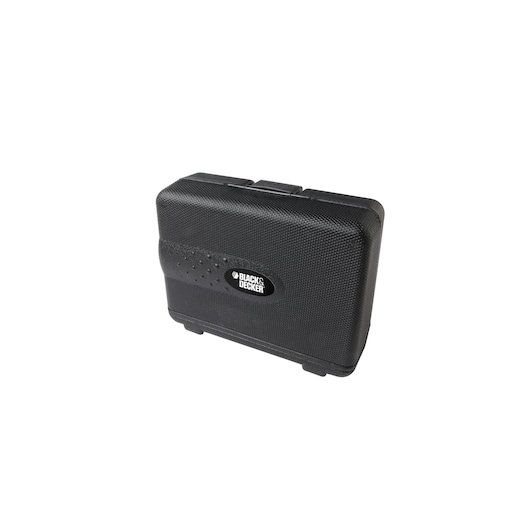 A black hard plastic carrying case with a BLACK+DECKER logo on the front. The case has a textured surface and a handle on top.