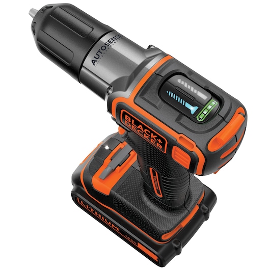 A BLACK+DECKER cordless drill with Autosense technology and a lithium-ion battery. The drill is black and orange with visible battery indicator and ergonomic design.