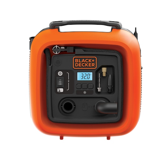 BLACK+DECKER ASI400 portable air compressor front angle with digital display and accessory slots.