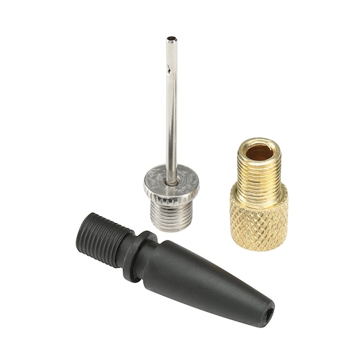 BLACKDECKER ASI400 inflator accessory kit with three metal and plastic nozzles on white background, top view.