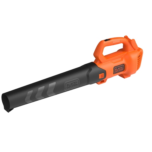 A BLACK+DECKER cordless leaf blower with an orange handle and black nozzle, shown against a white background.