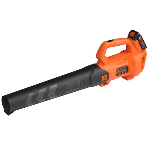BLACK+DECKER BCBL200L50 leaf blower, orange and black, side angle on white background.