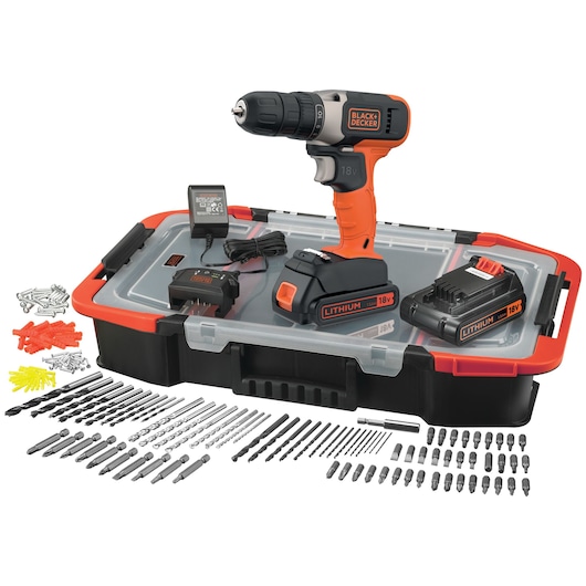 A BLACK+DECKER 18V cordless drill set displayed on a sturdy carrying case. The set includes the cordless drill, two lithium batteries, a battery charger, an assortment of drill bits, screwdriver bits, wall plugs, screws, and other accessories. All items are neatly arranged in front of the case.