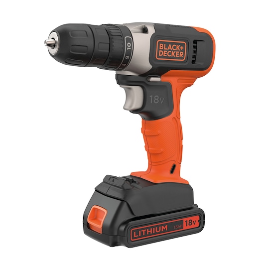 A BLACK+DECKER cordless drill with an 18V lithium battery, featuring an orange and black design with a comfortable grip.