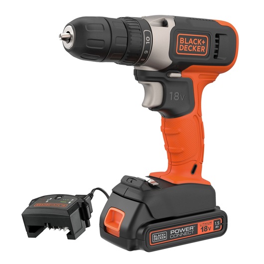 Photo of BLACK+DECKER cordless drill BCD001C1 in orange and black with 18V battery and charger, front angle.
