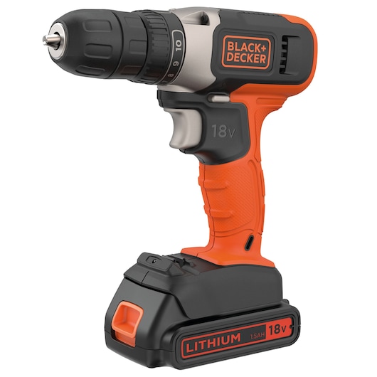 A BLACK+DECKER cordless drill with an orange and black design, featuring an 18V 1.5Ah lithium battery and ergonomic grip.
