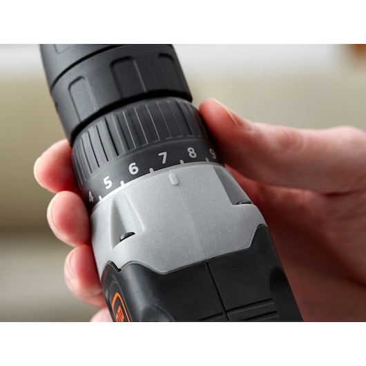 Close-up photo of BLACKDECKER BCD001C2 cordless drill showing adjustable torque setting dial.
