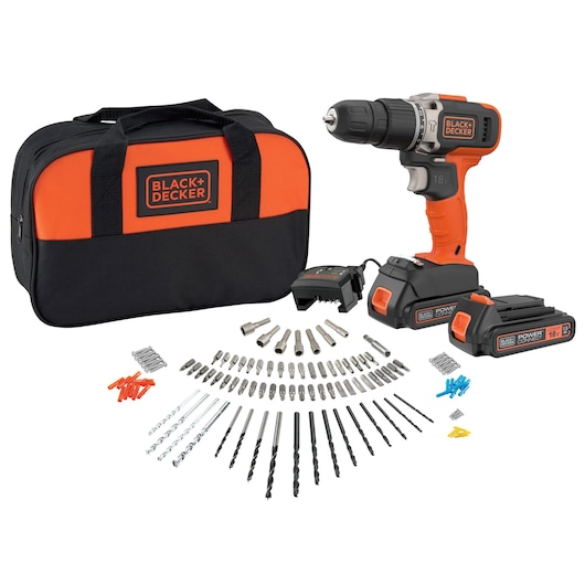 BLACK+DECKER BCD0032S120 cordless drill set with orange and black carrying bag, charger, two batteries, assorted drill bits, and accessories, front angle.