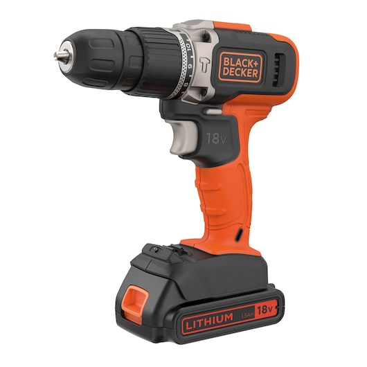 A BLACK+DECKER 18V cordless drill with an orange and black design. It features a lithium battery and ergonomic handle, suitable for DIY and home improvement tasks.