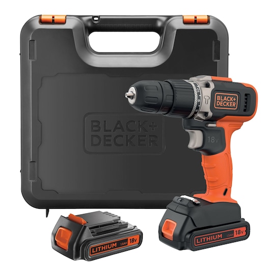 A BLACK+DECKER cordless drill kit with an 18V lithium-ion drill, a hard carrying case, and two 18V lithium-ion batteries.