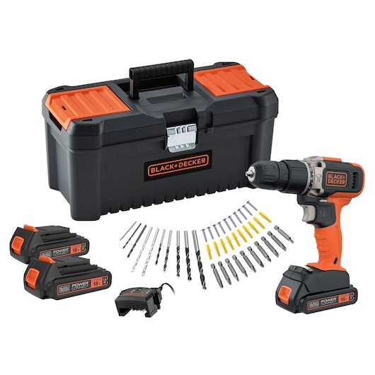 A BLACK+DECKER cordless drill set with a black and orange toolbox, two rechargeable batteries, a battery charger, and an assortment of drill bits and screwdriver bits displayed.