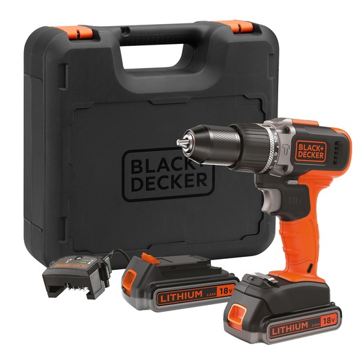 A BLACK+DECKER cordless power drill set with an 18V lithium battery, including two batteries, a charger, and a black carrying case.
