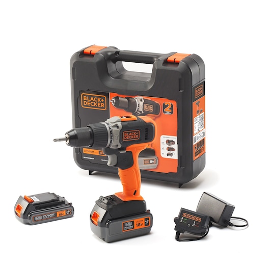 BLACK+DECKER BCD003MEM2K cordless drill set with orange and black drill, two 18V batteries, charger, and carrying case, front angle.