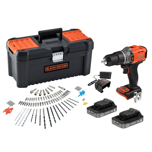 BLACK+DECKER BCD383D2TA cordless drill set with toolbox, drill bits, two 18V batteries, charger, and accessories, front angle.
