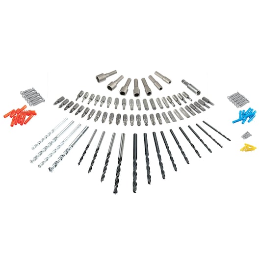 BLACKDECKER BCD383D2TA drill and screwdriver bit set, assorted metal bits, wall plugs, and screws, top view on white.
