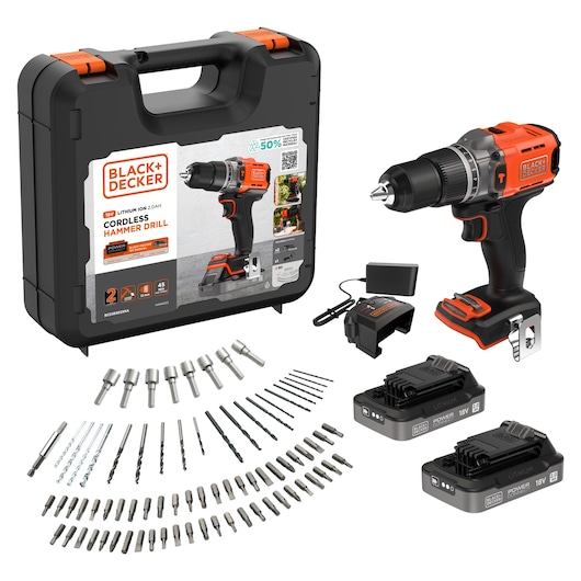 BLACK+DECKER cordless hammer drill kit BCD383D2XKA with hard case, charger, two 18V batteries, drill bits and accessories, front angle.