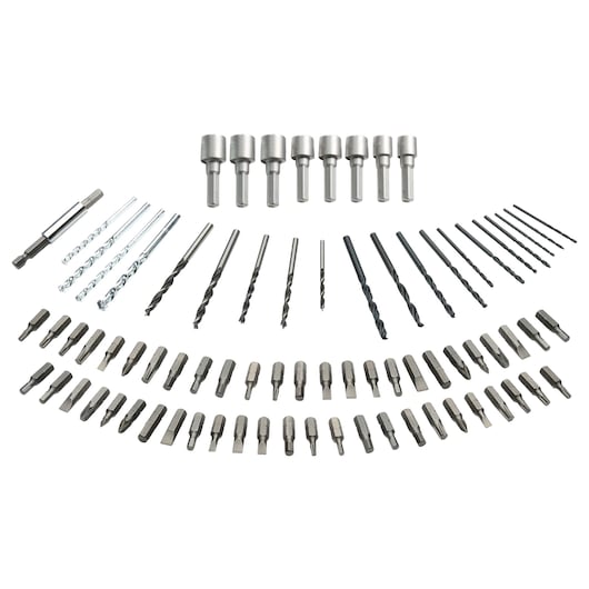 BLACKDECKER BCD383D2XKA drill and screwdriver bit set with multiple bits and sockets, white background, top view.