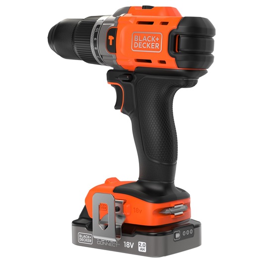 BLACK+DECKER cordless drill with 18V battery, orange and black, ergonomic handle, shown at side angle.