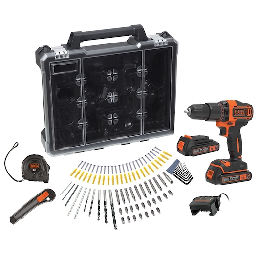 BLACK+DECKER 18V cordless drill set with black carrying case, accessories including drill bits, screwdriver bits, screws, wall plugs, hex keys, tape measure, utility knife, two batteries, and charger.