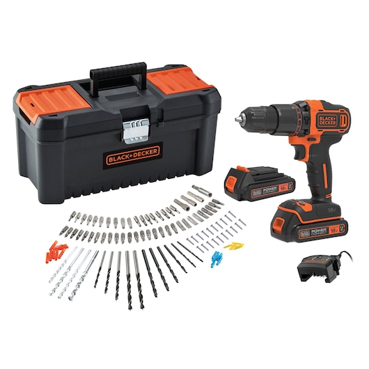 BLACK+DECKER cordless drill set with an 18V Power Connect drill, two batteries, a charger, a black and orange toolbox, various drill bits, screwdriver bits, and wall plugs arranged in front.