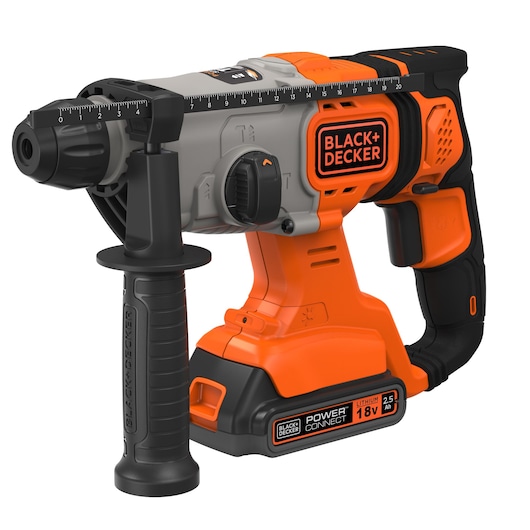 A BLACK+DECKER cordless rotary hammer drill, model BCD900E2K, with an ergonomic handle, depth gauge, and an orange and black design. The drill features an 18V lithium battery and is part of the POWERCONNECT system.