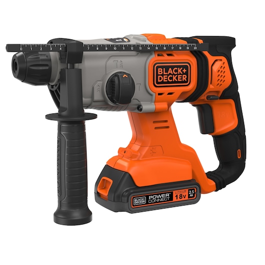 Cordless hammer drill from BLACK+DECKER, featuring an orange and black design, ergonomic handle, auxiliary side handle, and a lithium 18V battery with Power Connect technology.