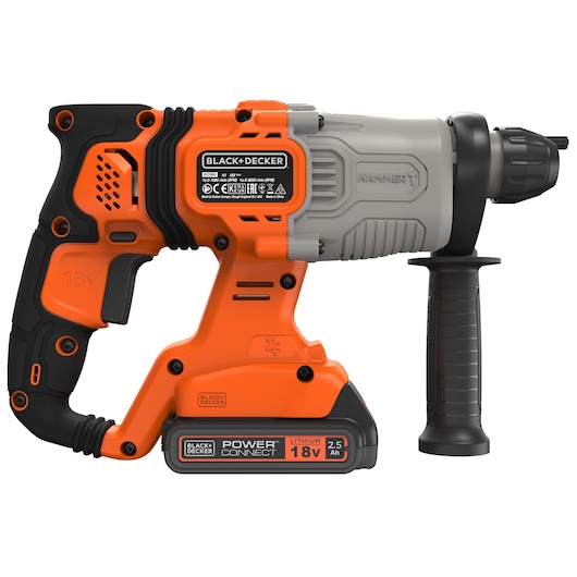 A BLACK+DECKER cordless hammer drill with an 18V lithium battery, featuring an ergonomic handle and black and orange design.