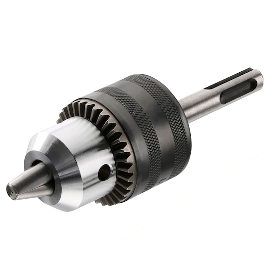 A close-up image of a metal keyed drill chuck attachment, showing detailed gears and a sturdy cylindrical body.