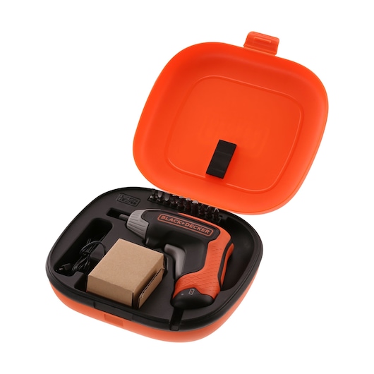 Photo of BLACK+DECKER BCF611CK cordless screwdriver set in orange case, with bits, charger, and compact packaging, top view.