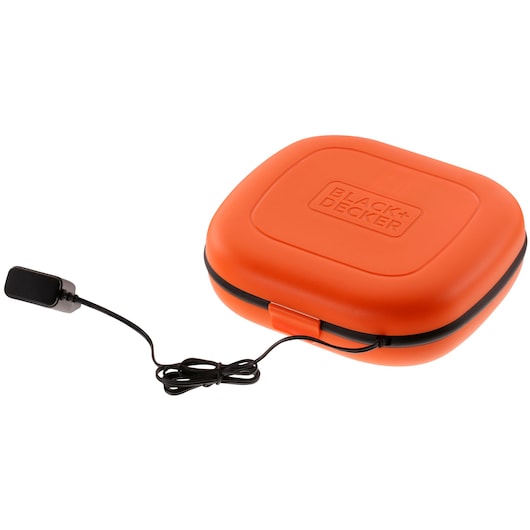 Photo of BLACK+DECKER BCF611CK orange hard carrying case with black zipper, shown with an attached power cord, front angle.