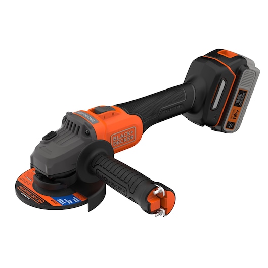 Cordless BLACK+DECKER angle grinder with a black and orange design, featuring a brushless motor and detachable battery.