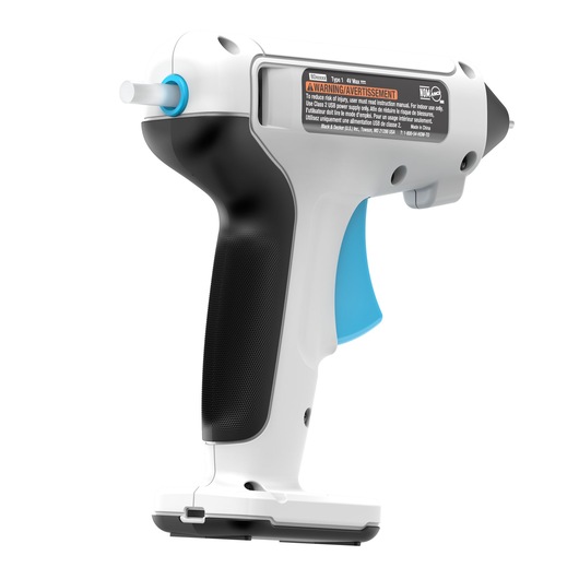 BLACKDECKER BCGL115 cordless hot glue gun with black grip, white body, and blue trigger, side angle view.