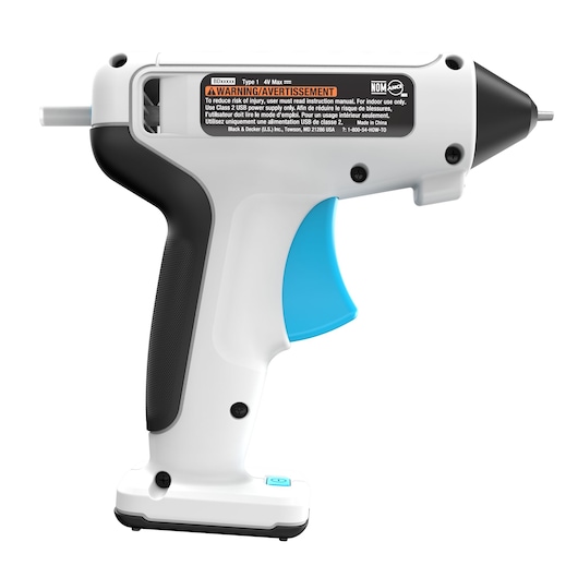 BLACKDECKER BCGL115 cordless hot glue gun, white and black body, blue trigger, side angle on white background.