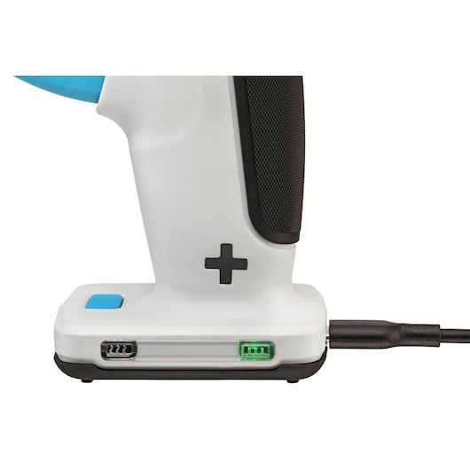 BLACKDECKER BCGL115 handheld device base with charging cable, white and black, close-up side view.