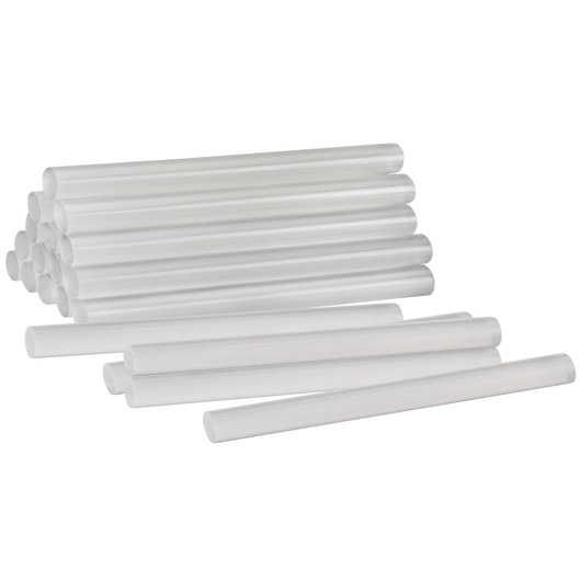 BLACKDECKER BCGL115 clear hot glue sticks, cylindrical shape, crafting accessory, white background, side angle.