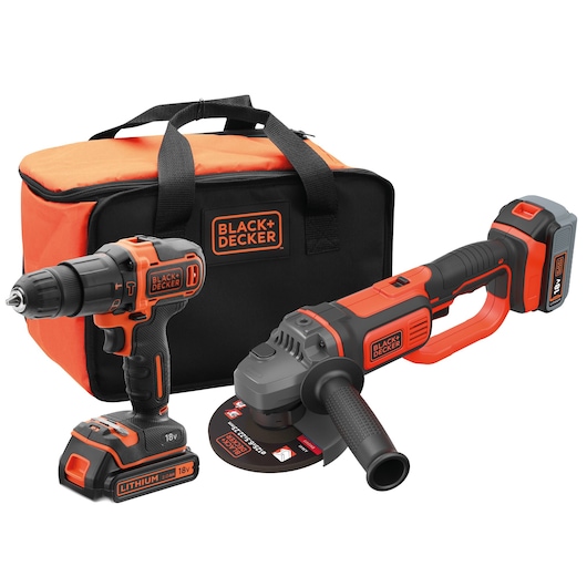 A BLACK+DECKER cordless power tool set, including an 18V drill, an 18V angle grinder, and a matching orange and black carrying bag.