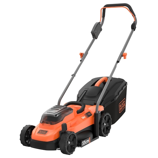 BLACK+DECKER cordless lawn mower with an orange and black design, featuring a large collection box and adjustable handle.
