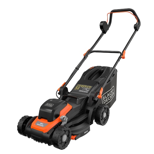A BLACK+DECKER electric lawn mower with a black and orange design, featuring a handle and four wheels. The mower has branding and technical details visible on the body, and a grass collection box at the back.