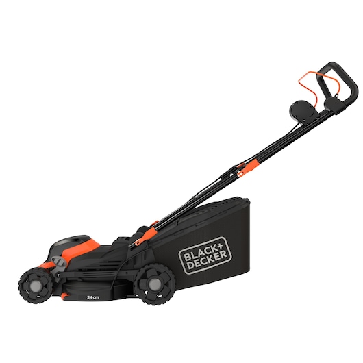 A BLACK+DECKER branded lawn mower with a black and orange design, showing a collection box attached at the rear and a handle with an orange cable.