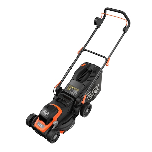 A BLACK+DECKER branded lawn mower with a black and orange color scheme, featuring a grass collection bag and adjustable handle.