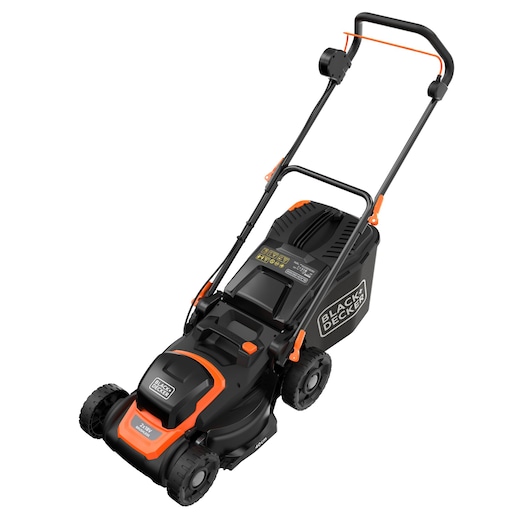 A BLACK+DECKER electric lawn mower with a black and orange design, four wheels, a grass collection bag at the rear, and an ergonomic handle.