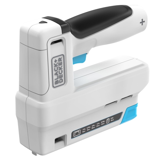 Photo of BLACK+DECKER BCN115 white cordless staple gun with black grip and blue details, side angle on white background.