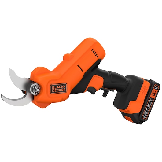 BLACK+DECKER BCPP18D1 orange cordless electric pruner side angle on white background.